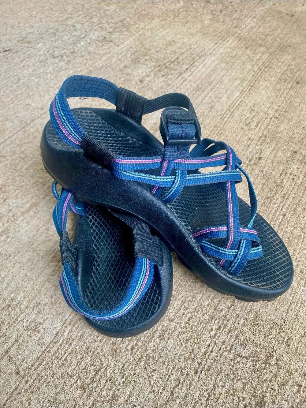 Chaco Women's Blue Strappy Sport Sandals with Pink Accent